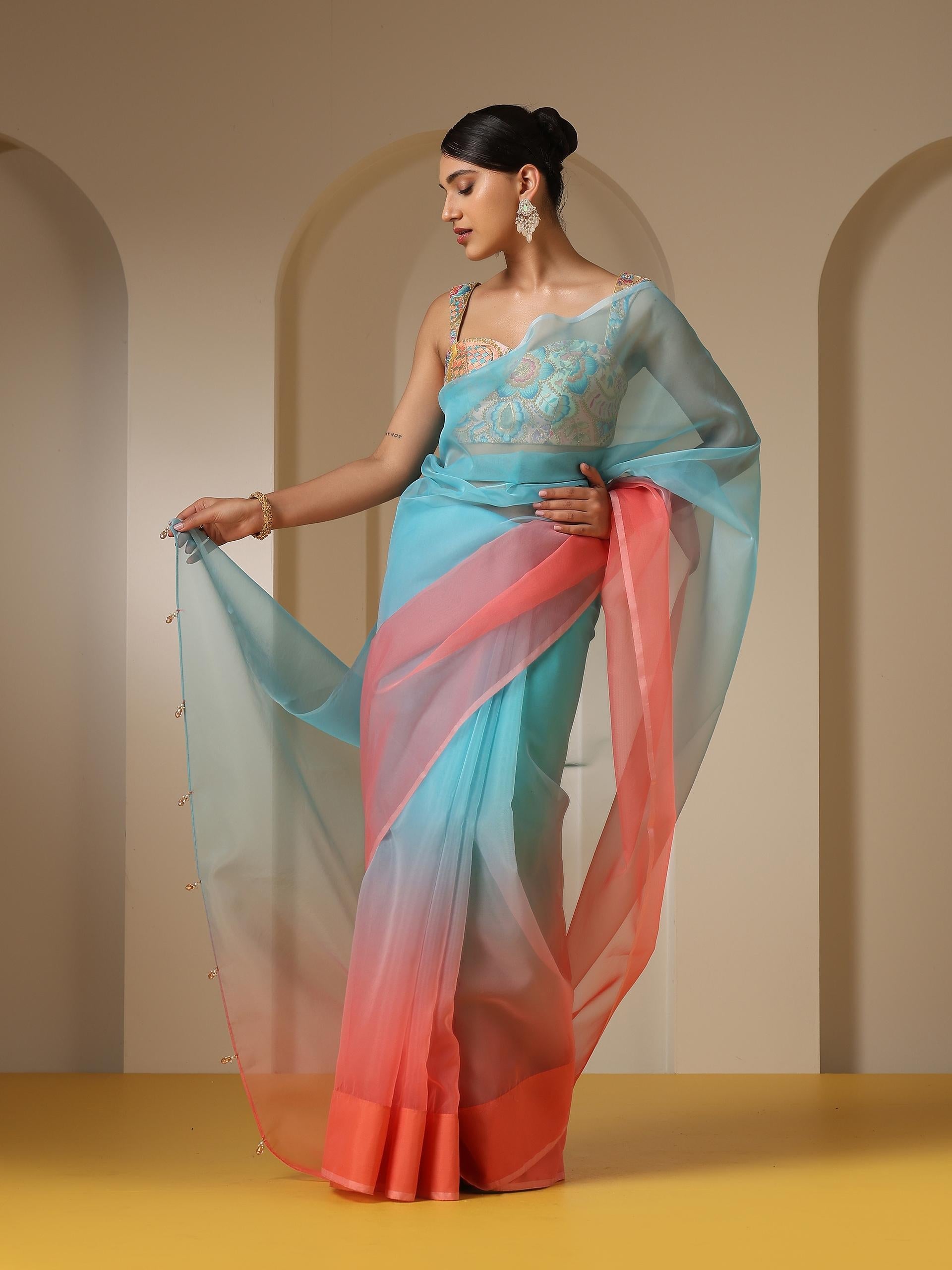 Dhiyona ST Tropical Pink and Blue Organza Ombre Saree