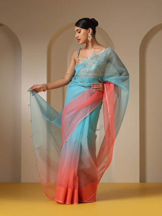 Dhiyona ST Tropical Pink and Blue Organza Ombre Saree