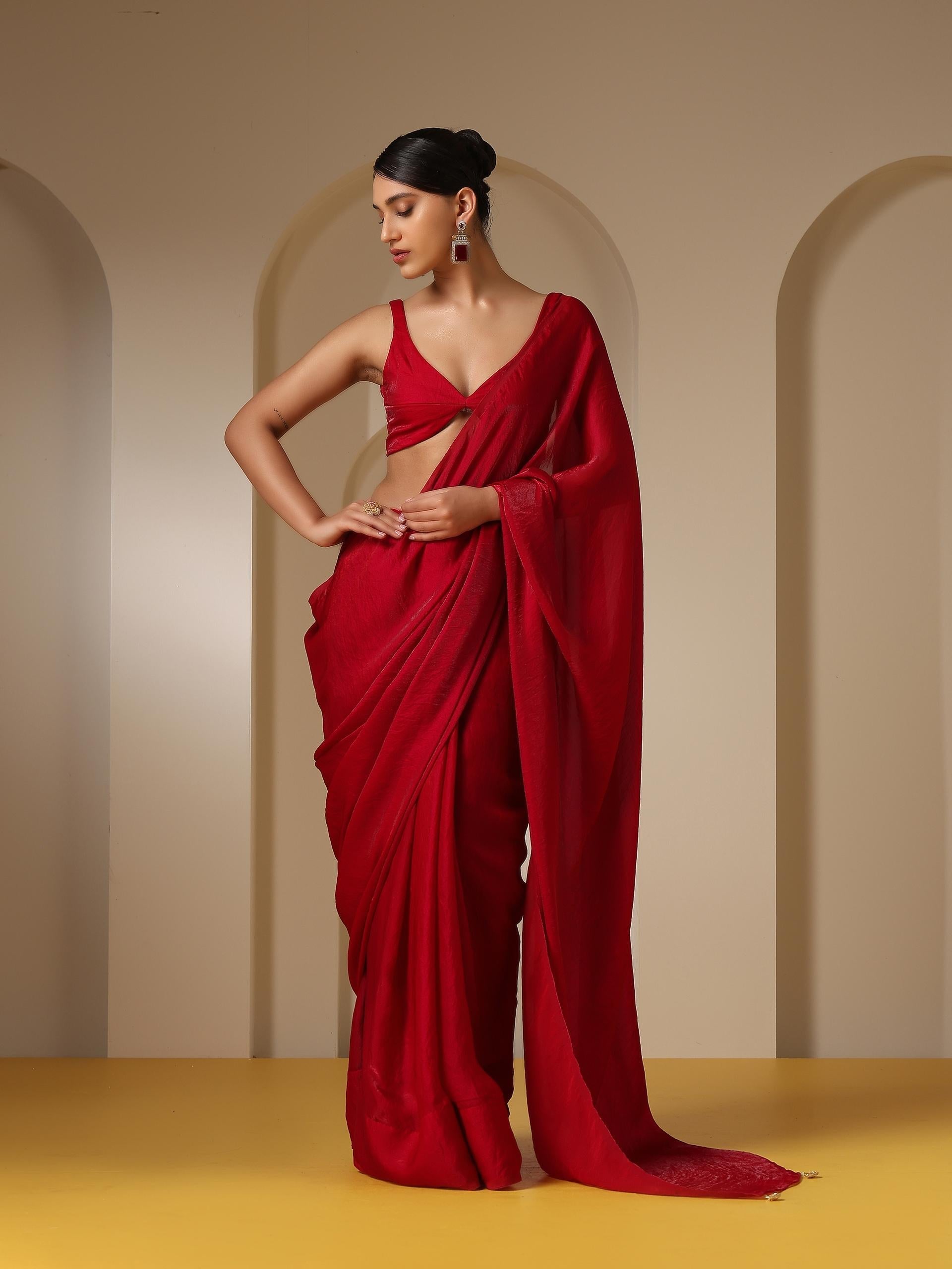 Dhiyona ST Metallic Fuchsia Red Satin Saree with Pendants and Self Blouse Fabric