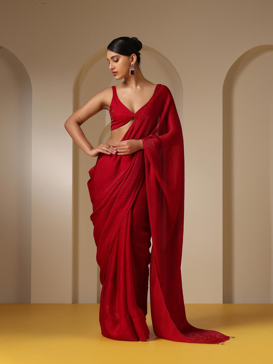 Dhiyona ST Metallic Fuchsia Red Satin Saree with Pendants and Self Blouse Fabric