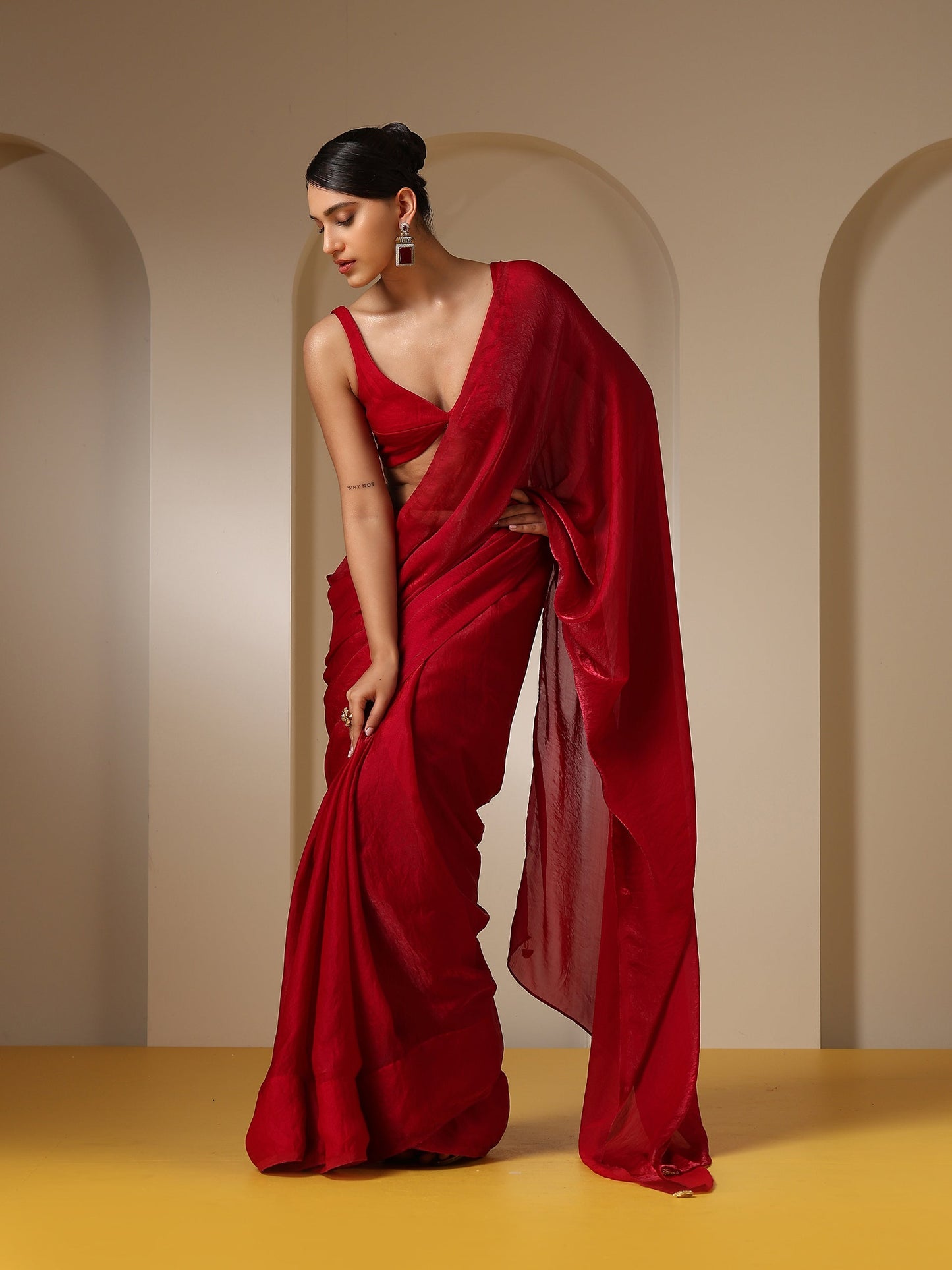 Dhiyona ST Metallic Fuchsia Red Satin Saree with Pendants and Self Blouse Fabric