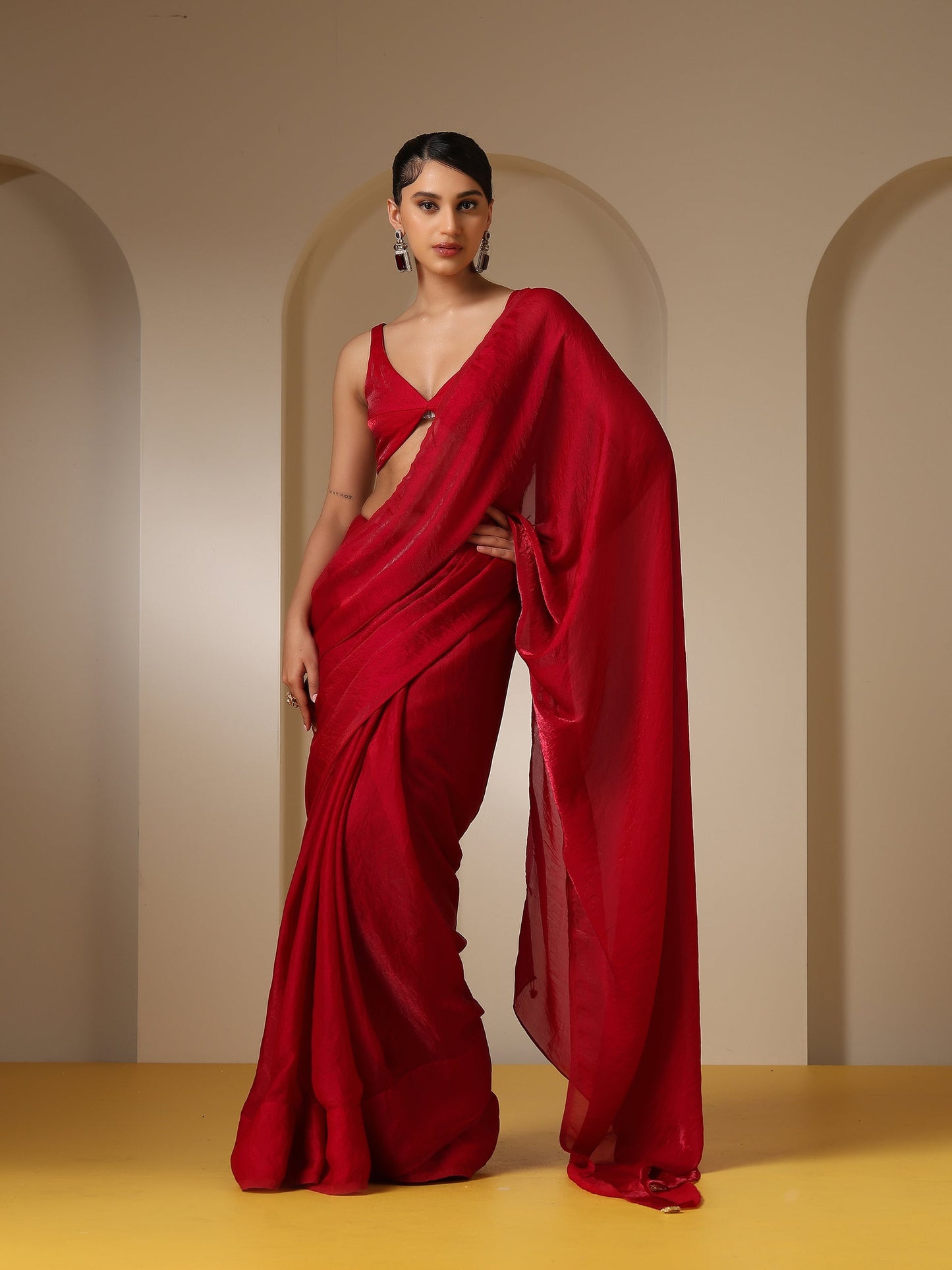 Dhiyona ST Metallic Fuchsia Red Satin Saree with Pendants and Self Blouse Fabric