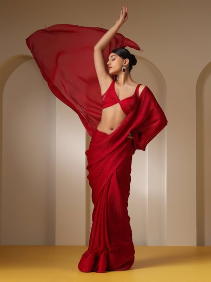 Dhiyona ST Metallic Fuchsia Red Satin Saree with Pendants and Self Blouse Fabric