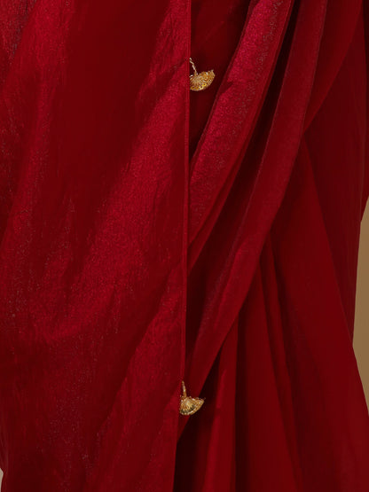 Dhiyona ST Metallic Fuchsia Red Satin Saree with Pendants and Self Blouse Fabric
