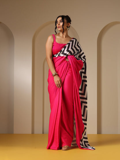 Dhiyona ST Fuchsia Satin Saree with Chevron Print with Fuchsia Blouse Fabric