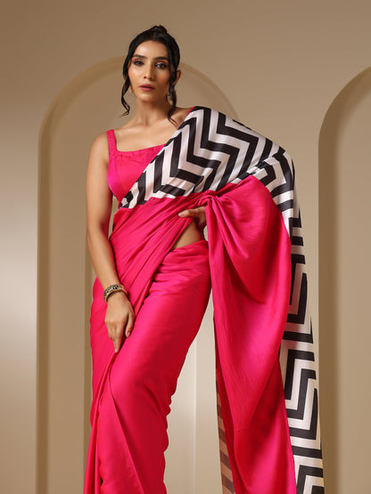Dhiyona ST Fuchsia Satin Saree with Chevron Print with Fuchsia Blouse Fabric