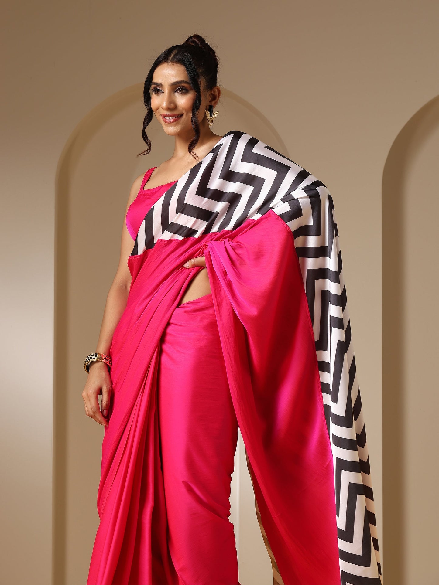 Dhiyona ST Fuchsia Satin Saree with Chevron Print with Fuchsia Blouse Fabric