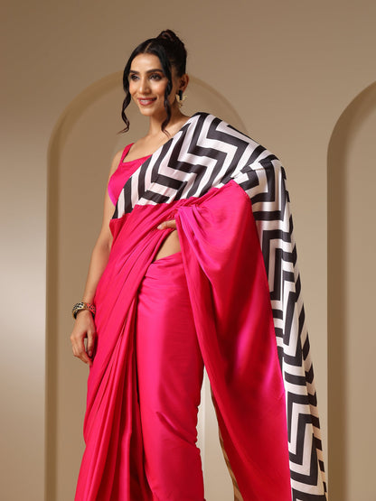 Dhiyona ST Fuchsia Satin Saree with Chevron Print with Fuchsia Blouse Fabric