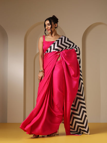Dhiyona ST Fuchsia Satin Saree with Chevron Print with Fuchsia Blouse Fabric