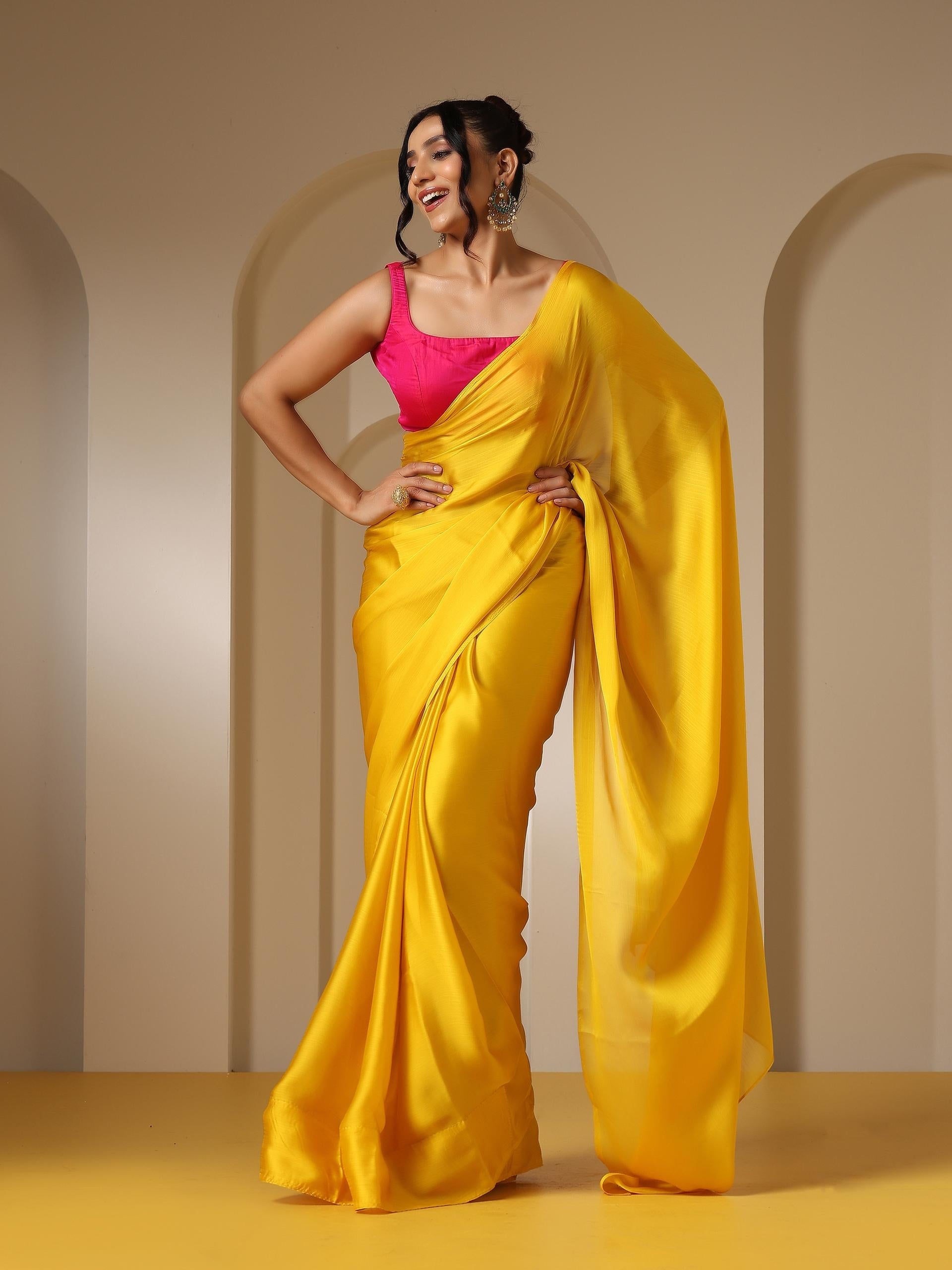 Dhiyona ST Yellow Soft Chiffon Saree with Fuchsia Blouse Fabric
