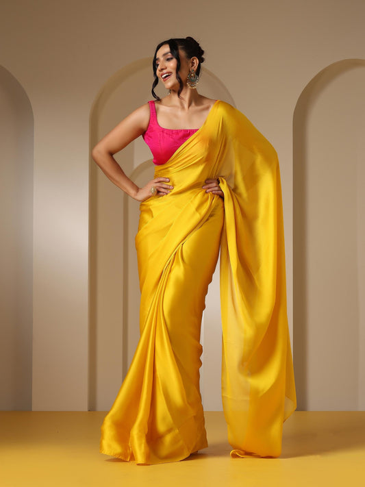 Dhiyona ST Yellow Soft Chiffon Saree with Fuchsia Blouse Fabric