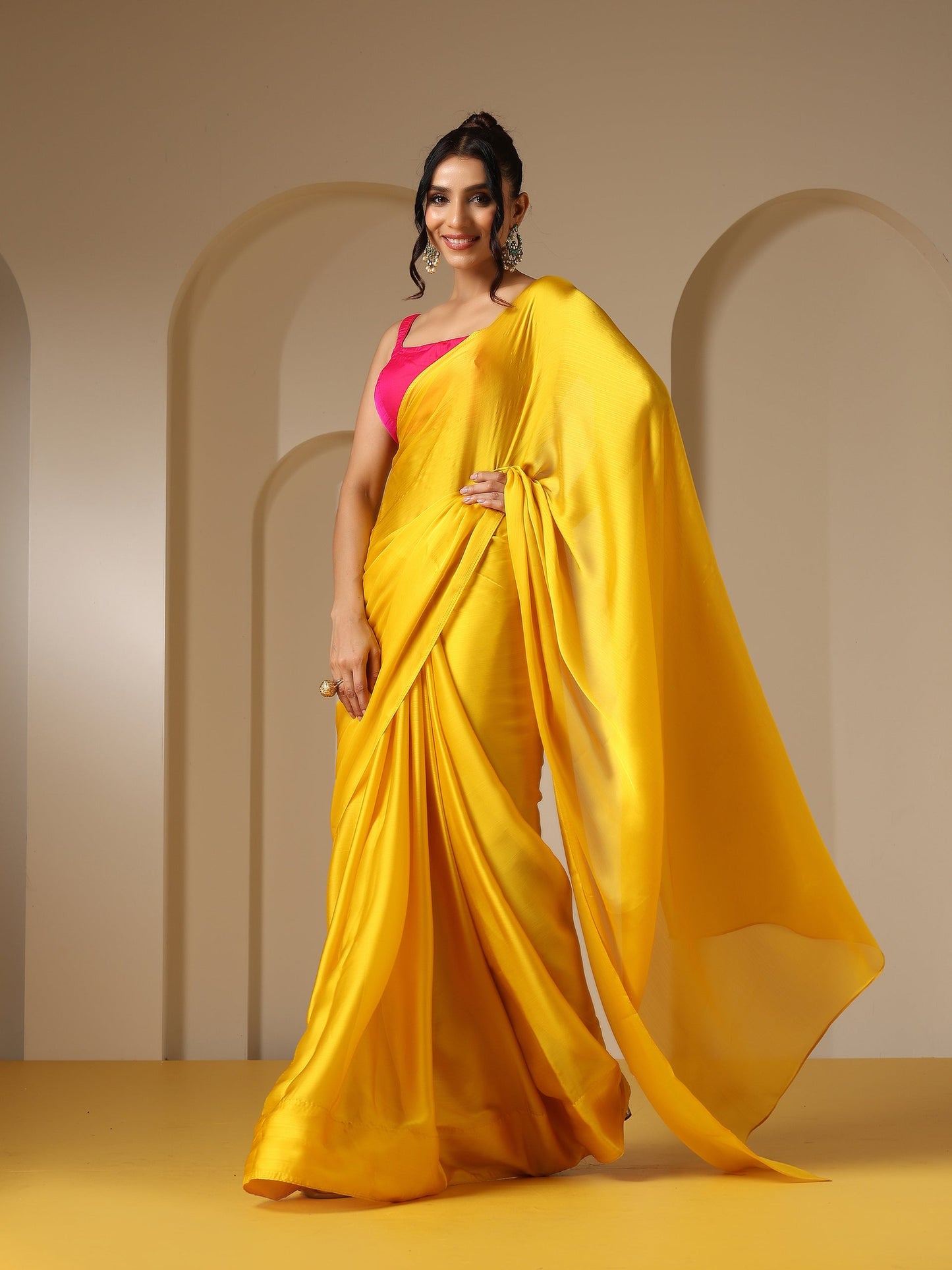Dhiyona ST Yellow Soft Chiffon Saree with Fuchsia Blouse Fabric