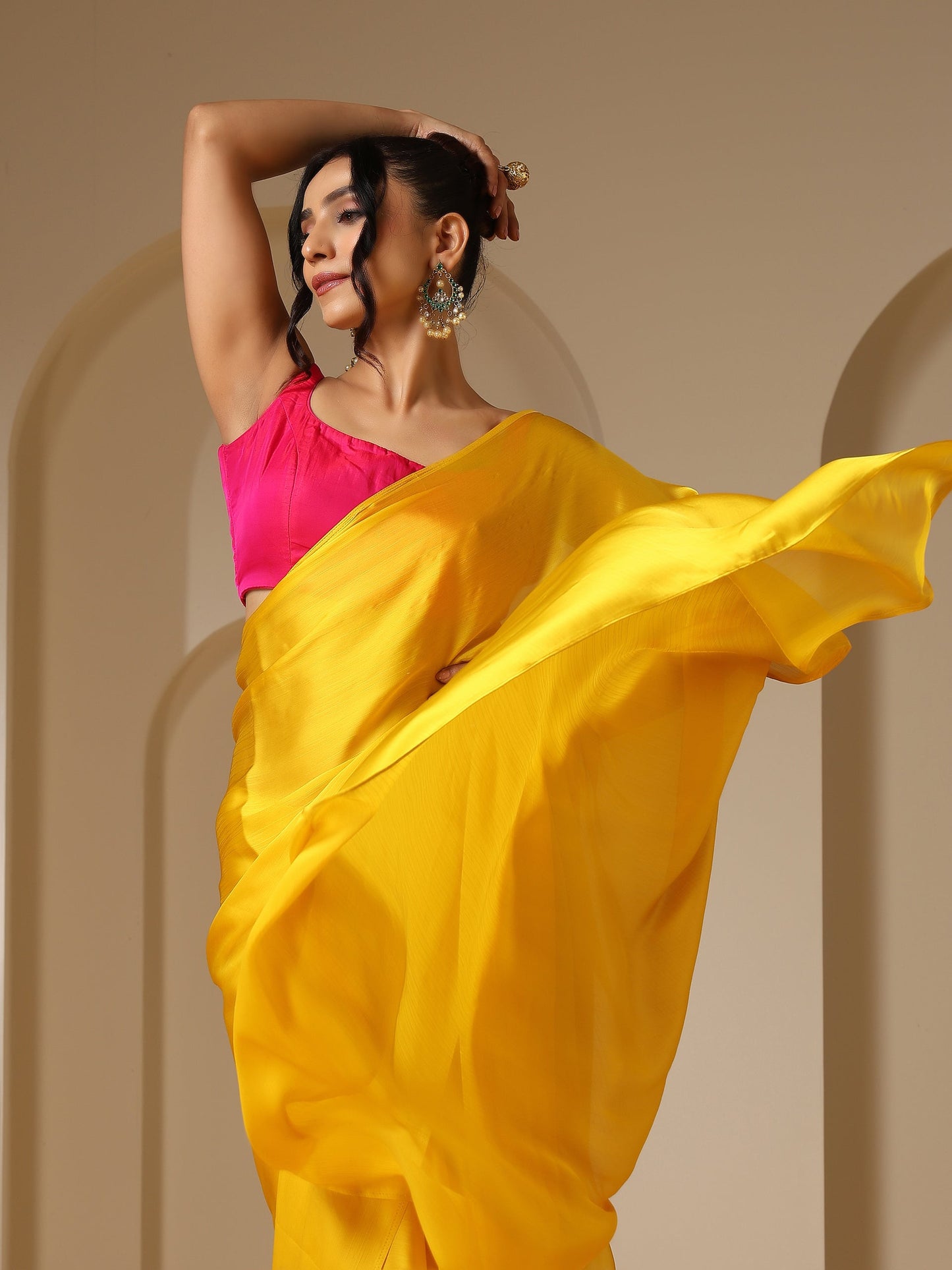 Dhiyona ST Yellow Soft Chiffon Saree with Fuchsia Blouse Fabric