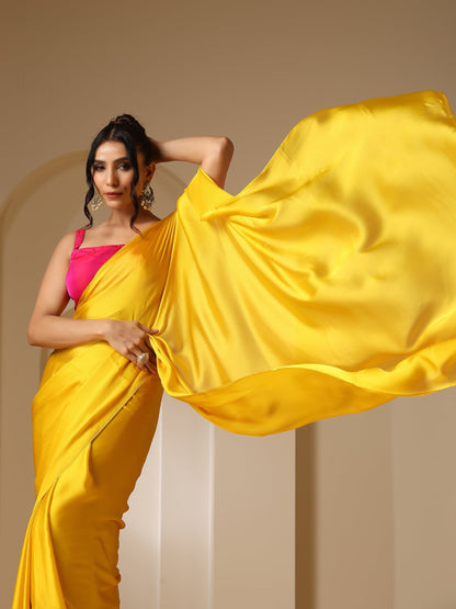 Dhiyona ST Yellow Soft Chiffon Saree with Fuchsia Blouse Fabric