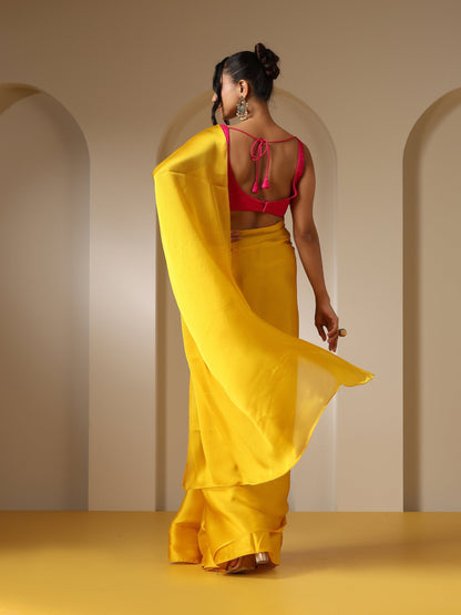 Dhiyona ST Yellow Soft Chiffon Saree with Fuchsia Blouse Fabric