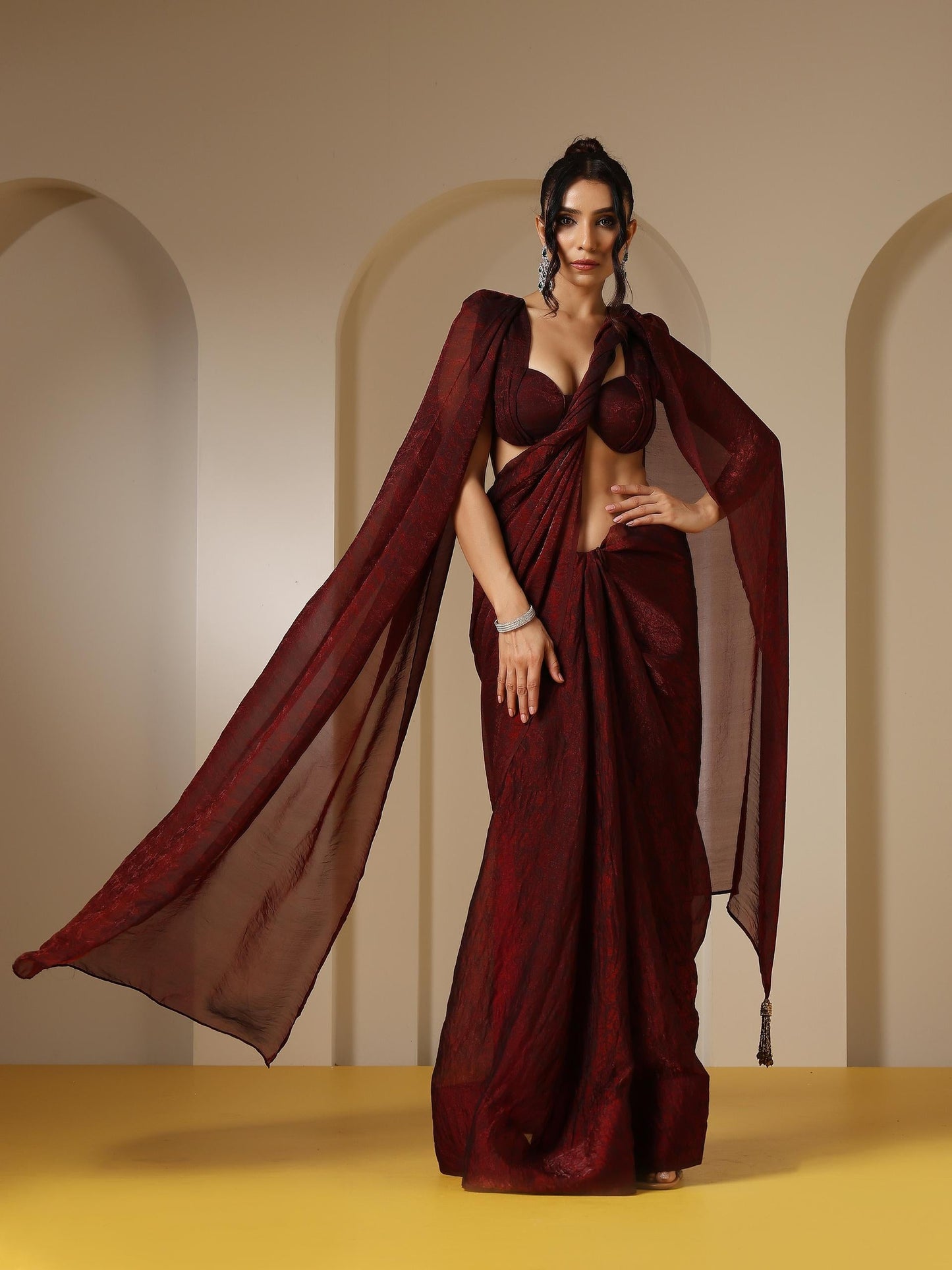 Dhiyona ST Majestic Maroon Paisley Chiffon Saree with Bronze Long Pendants with Blouse Fabric