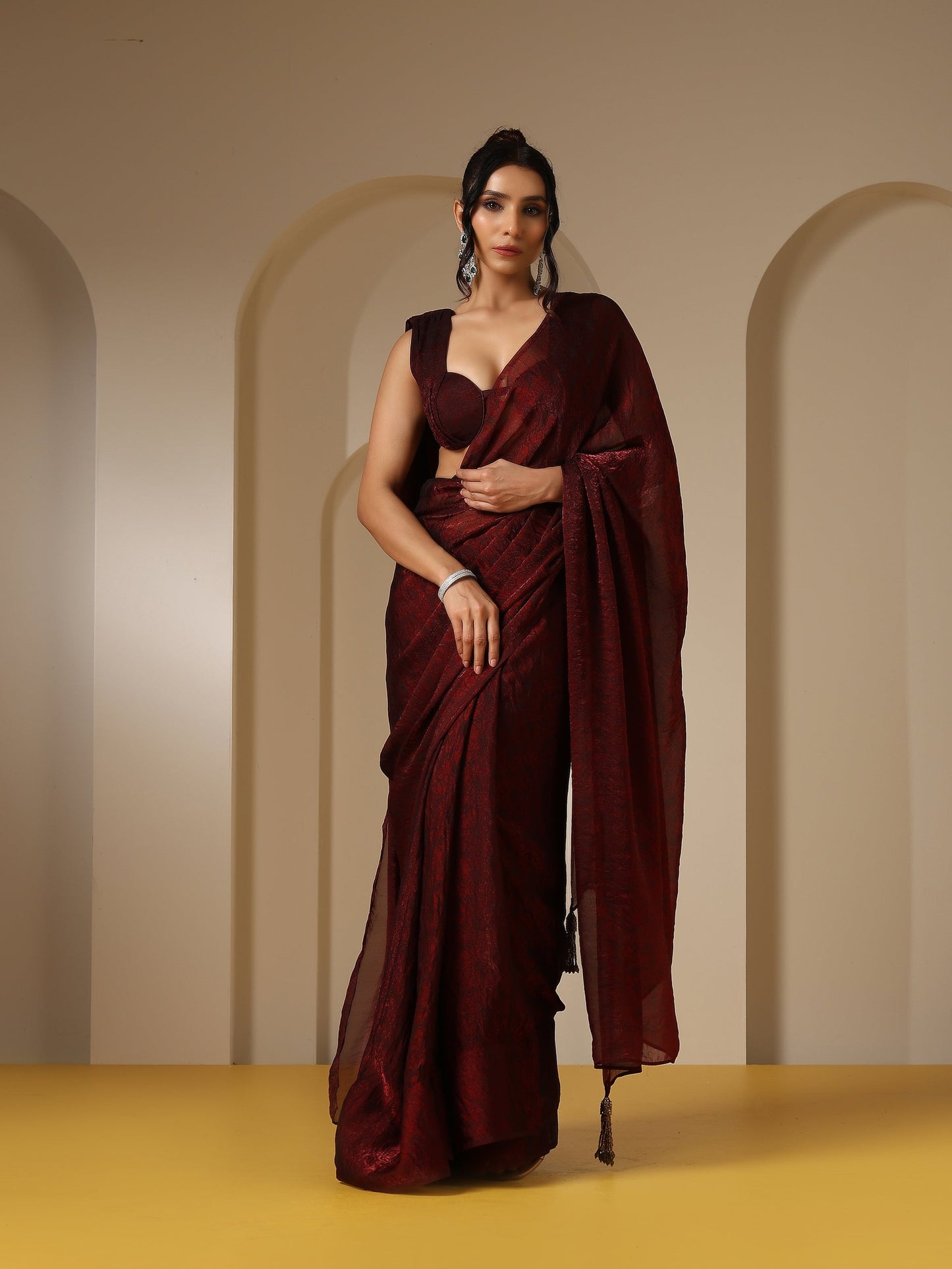 Dhiyona ST Majestic Maroon Paisley Chiffon Saree with Bronze Long Pendants with Blouse Fabric