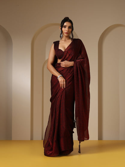 Dhiyona ST Majestic Maroon Paisley Chiffon Saree with Bronze Long Pendants with Blouse Fabric