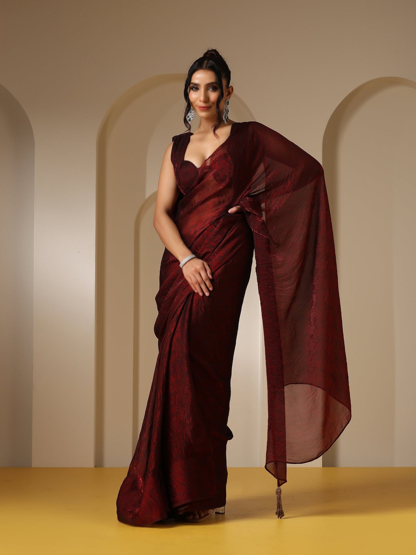 Dhiyona ST Majestic Maroon Paisley Chiffon Saree with Bronze Long Pendants with Blouse Fabric