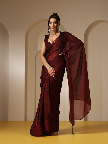 Dhiyona ST Majestic Maroon Paisley Chiffon Saree with Bronze Long Pendants with Blouse Fabric