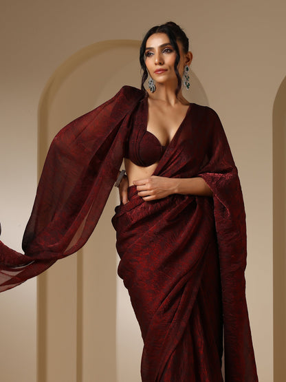 Dhiyona ST Majestic Maroon Paisley Chiffon Saree with Bronze Long Pendants with Blouse Fabric