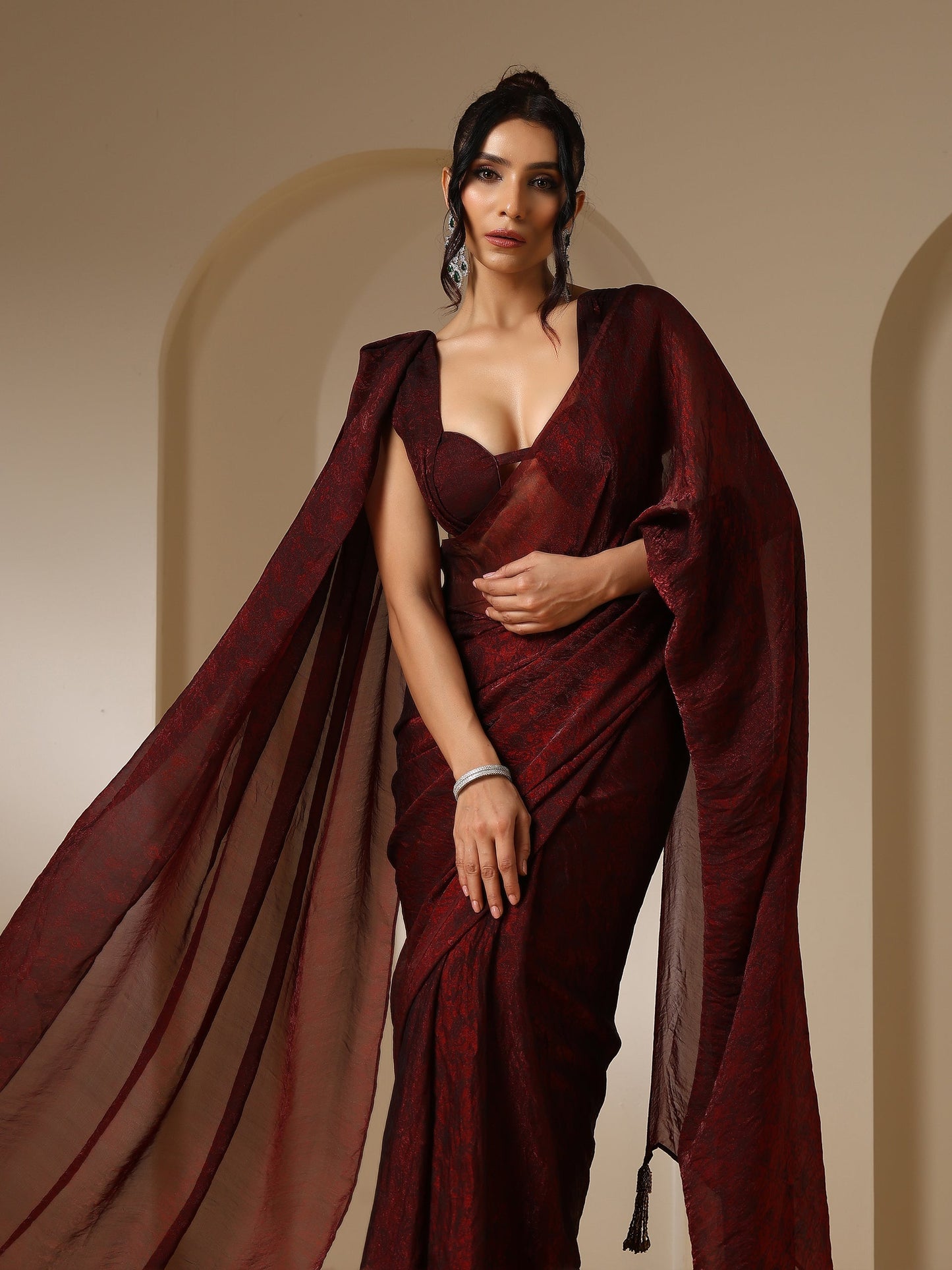 Dhiyona ST Majestic Maroon Paisley Chiffon Saree with Bronze Long Pendants with Blouse Fabric