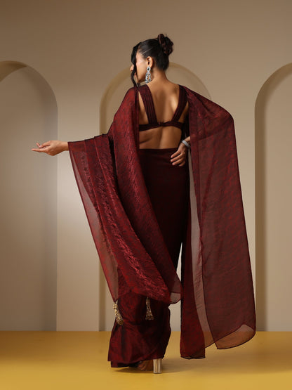 Dhiyona ST Majestic Maroon Paisley Chiffon Saree with Bronze Long Pendants with Blouse Fabric