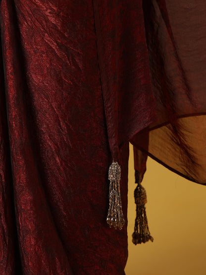 Dhiyona ST Majestic Maroon Paisley Chiffon Saree with Bronze Long Pendants with Blouse Fabric