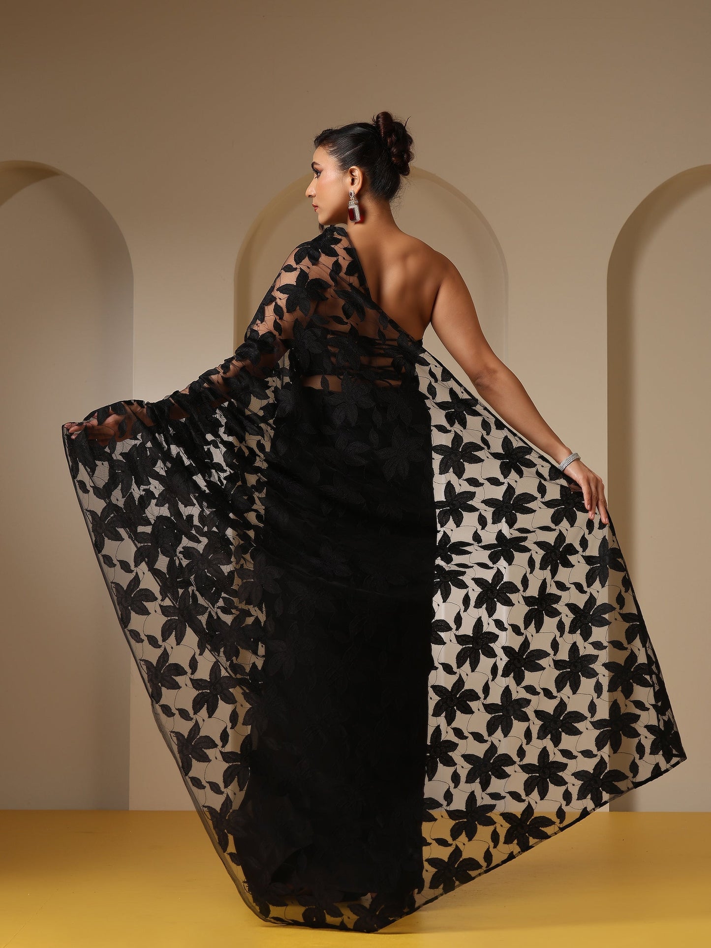 Dhiyona ST Night Bird Net Saree with Blouse Fabric