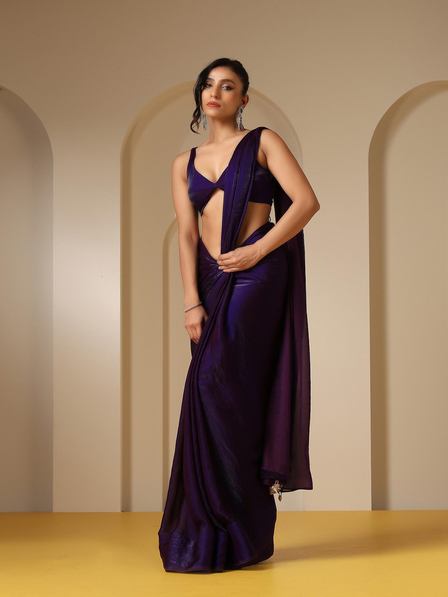 Dhiyona ST Metallic Purple Satin Saree with Self Blouse Fabric