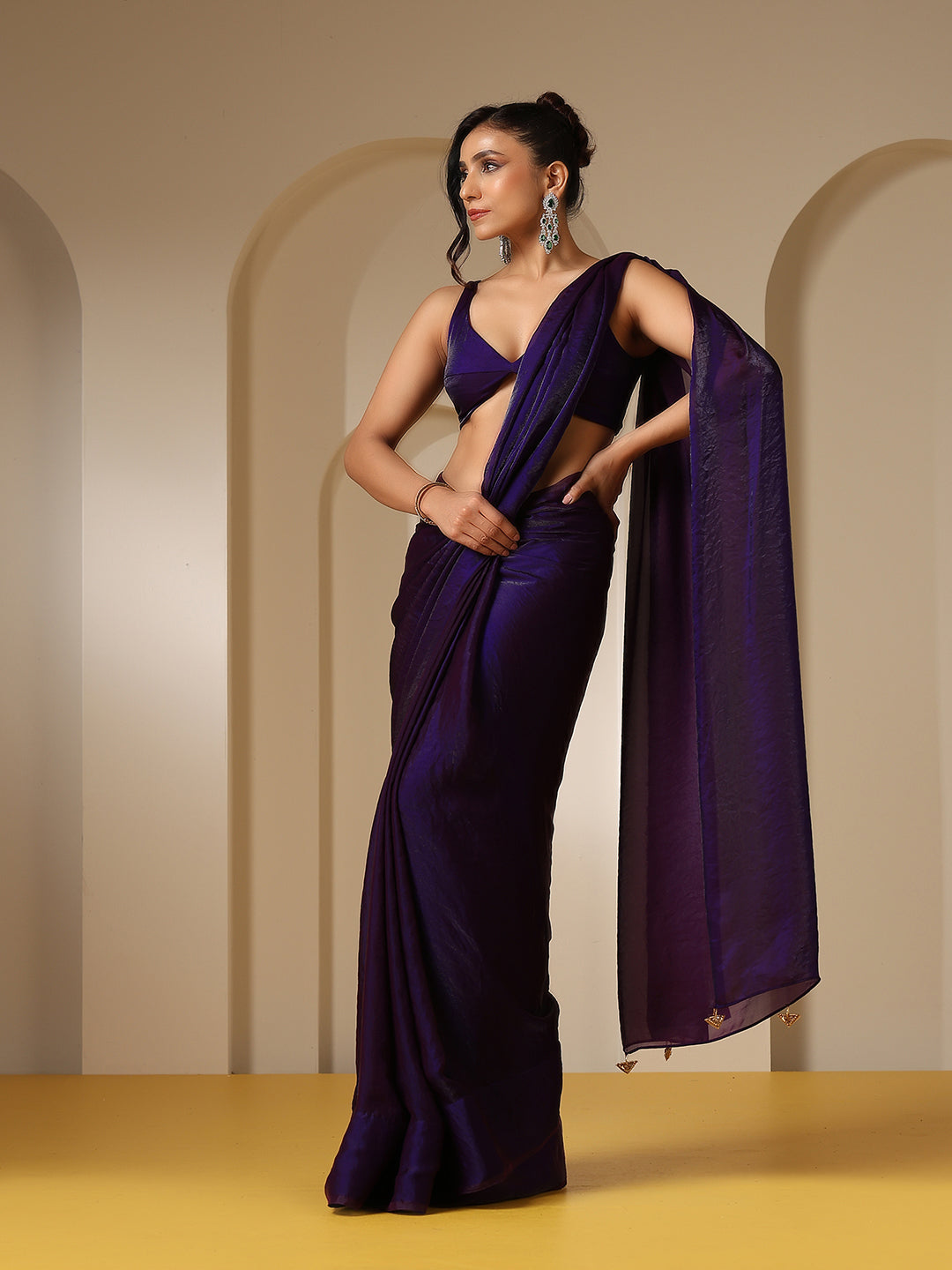 Dhiyona ST Metallic Purple Satin Saree with Self Blouse Fabric
