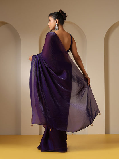 Dhiyona ST Metallic Purple Satin Saree with Self Blouse Fabric