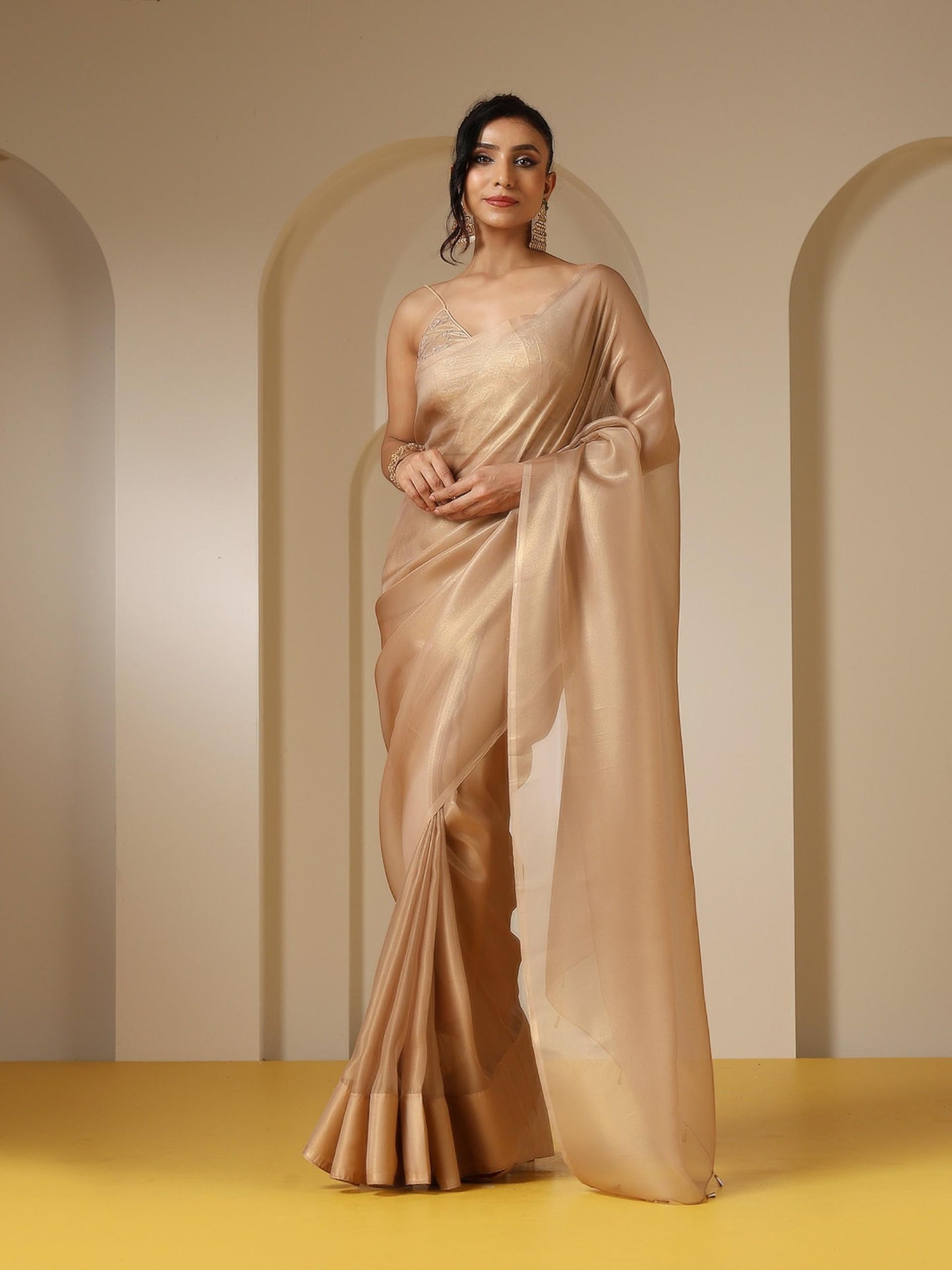 Dhiyona ST Glamorous Gold Organza Saree with Embroidered Blouse Fabric