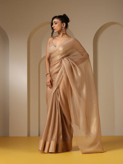 Dhiyona ST Glamorous Gold Organza Saree with Embroidered Blouse Fabric