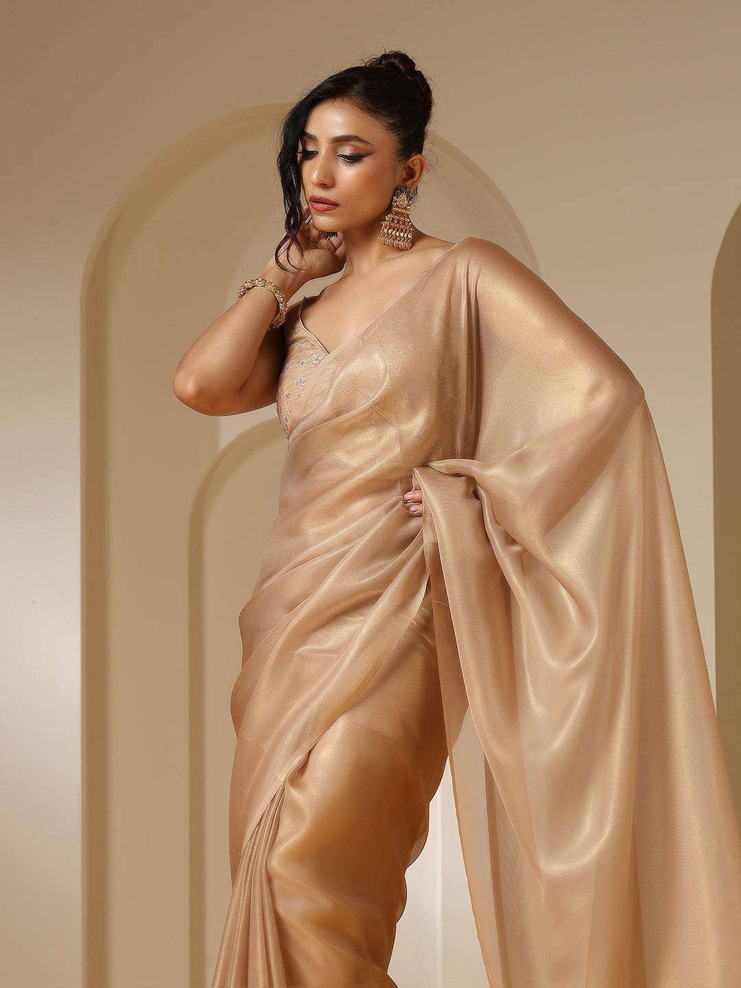 Dhiyona ST Glamorous Gold Organza Saree with Embroidered Blouse Fabric