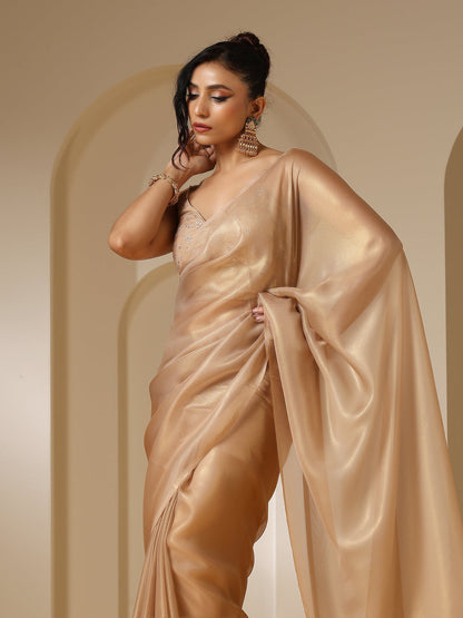 Dhiyona ST Glamorous Gold Organza Saree with Embroidered Blouse Fabric