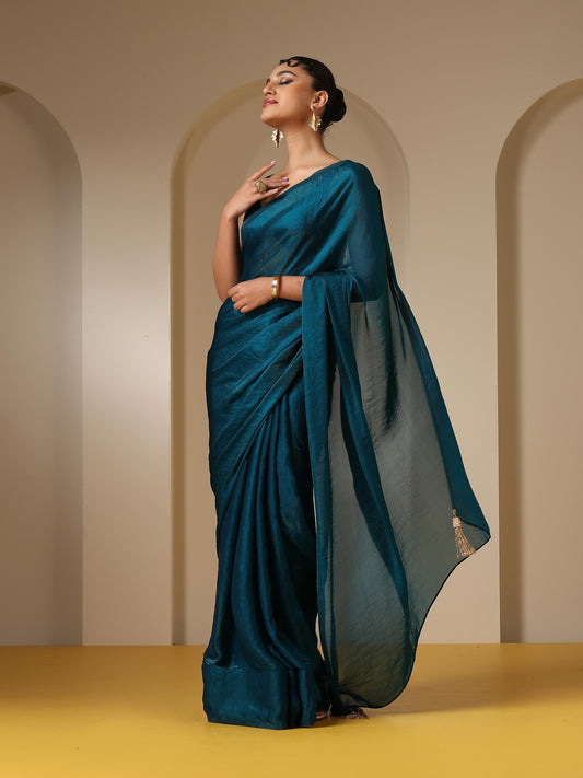 Dhiyona ST Metallic Peacock Blue Satin Saree with Self Blouse Fabric