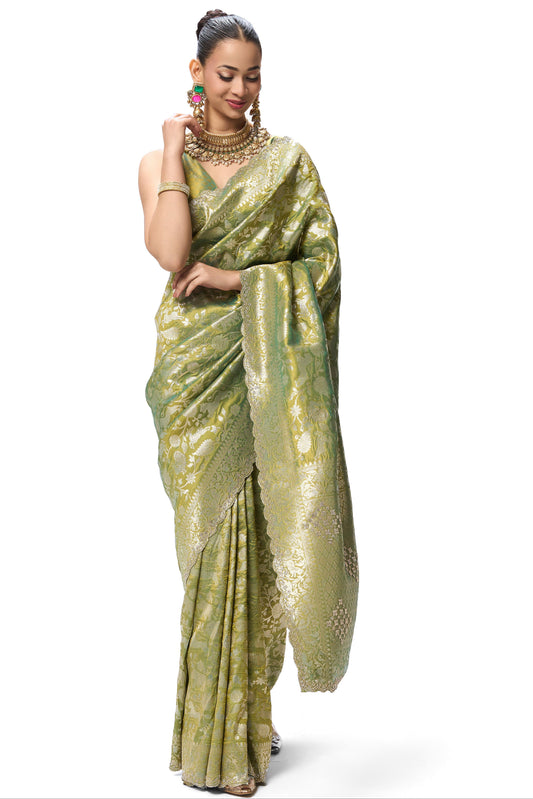 Dhiyona ST Cash Green Modern Heirtage Banarasi Saree with Diamonds with Blouse Fabric