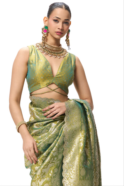 Dhiyona ST Cash Green Modern Heirtage Banarasi Saree with Diamonds with Blouse Fabric