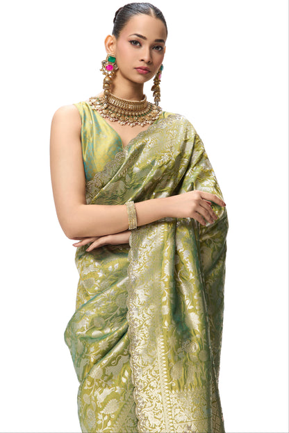 Dhiyona ST Cash Green Modern Heirtage Banarasi Saree with Diamonds with Blouse Fabric