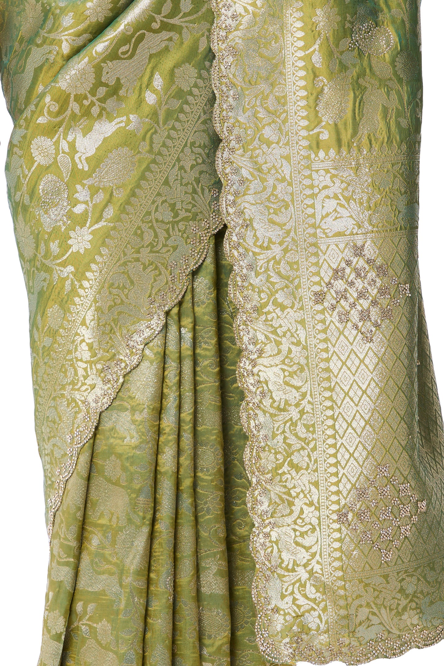 Dhiyona ST Cash Green Modern Heirtage Banarasi Saree with Diamonds with Blouse Fabric