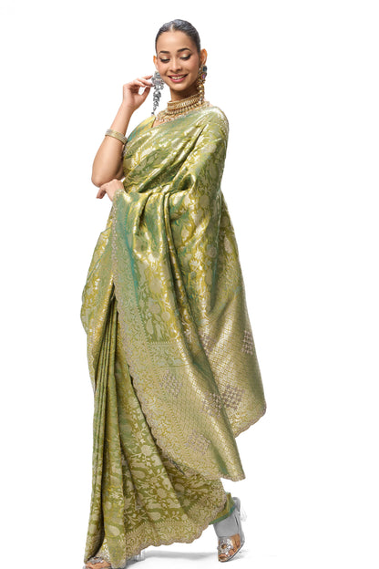 Dhiyona ST Cash Green Modern Heirtage Banarasi Saree with Diamonds with Blouse Fabric
