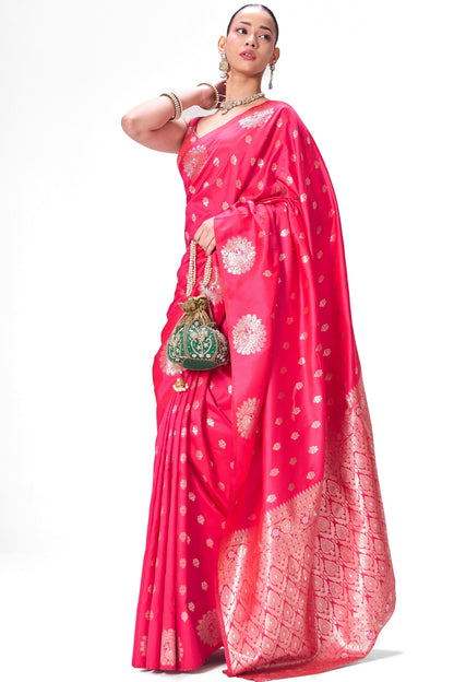 Dhiyona ST Red Pink Banarasi Saree with Blouse Fabric