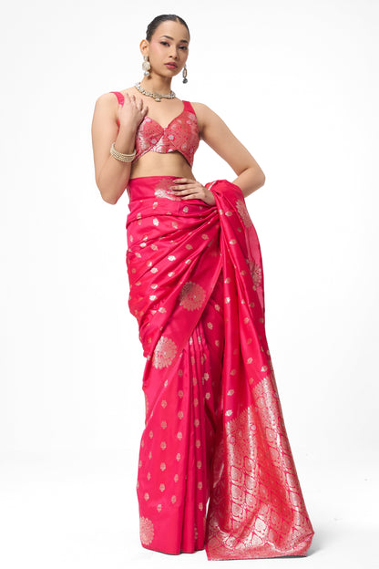 Dhiyona ST Red Pink Banarasi Saree with Blouse Fabric