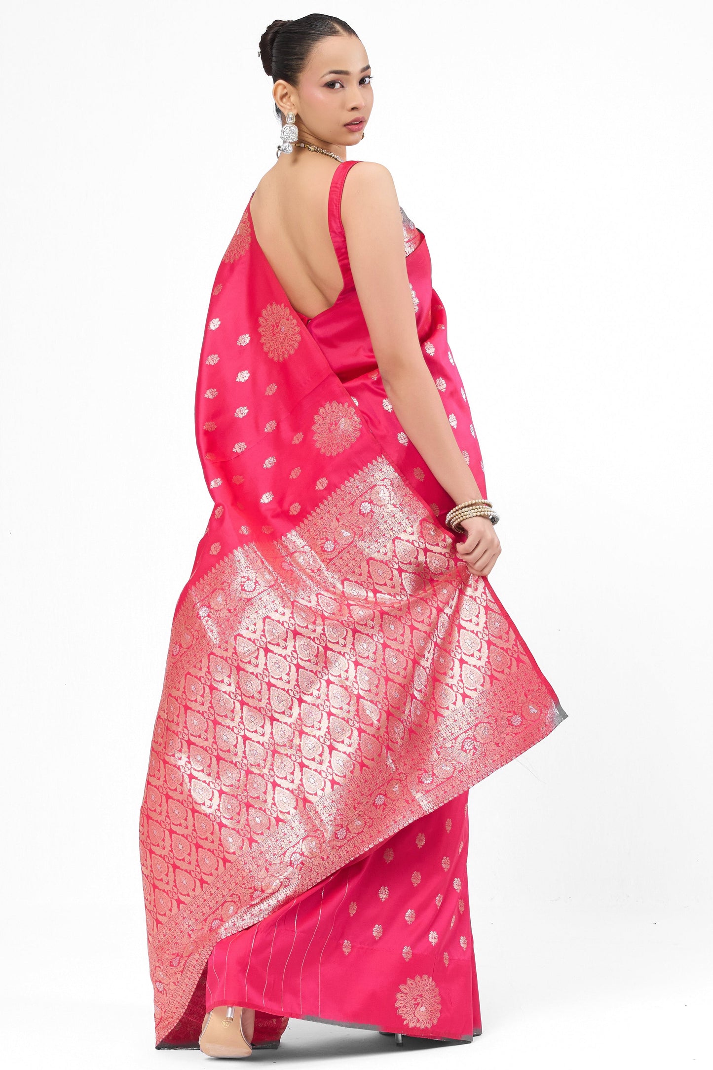 Dhiyona ST Red Pink Banarasi Saree with Blouse Fabric