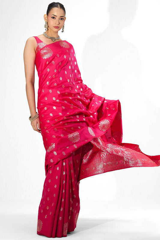 Dhiyona ST Red Pink Banarasi Saree with Blouse Fabric