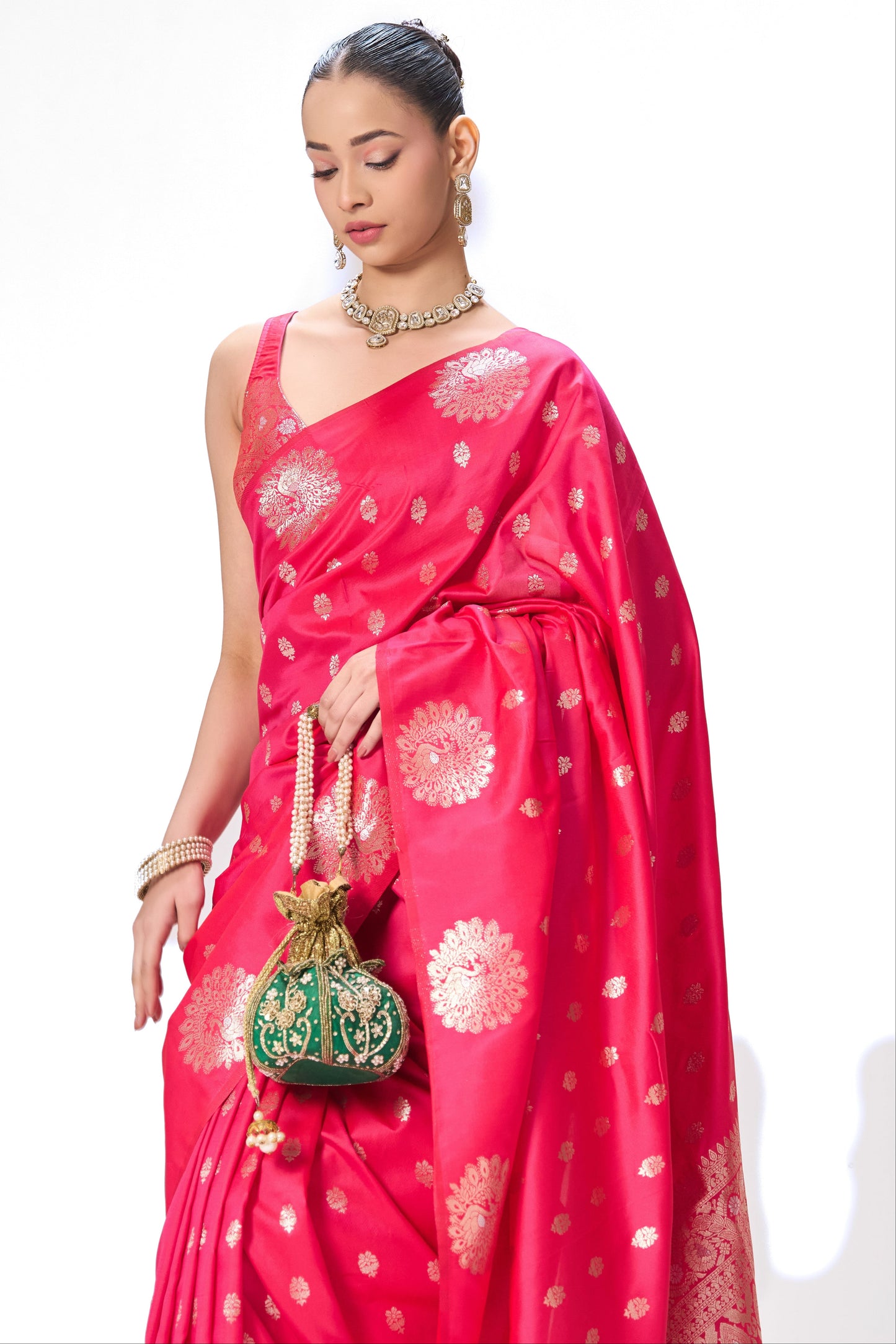 Dhiyona ST Red Pink Banarasi Saree with Blouse Fabric