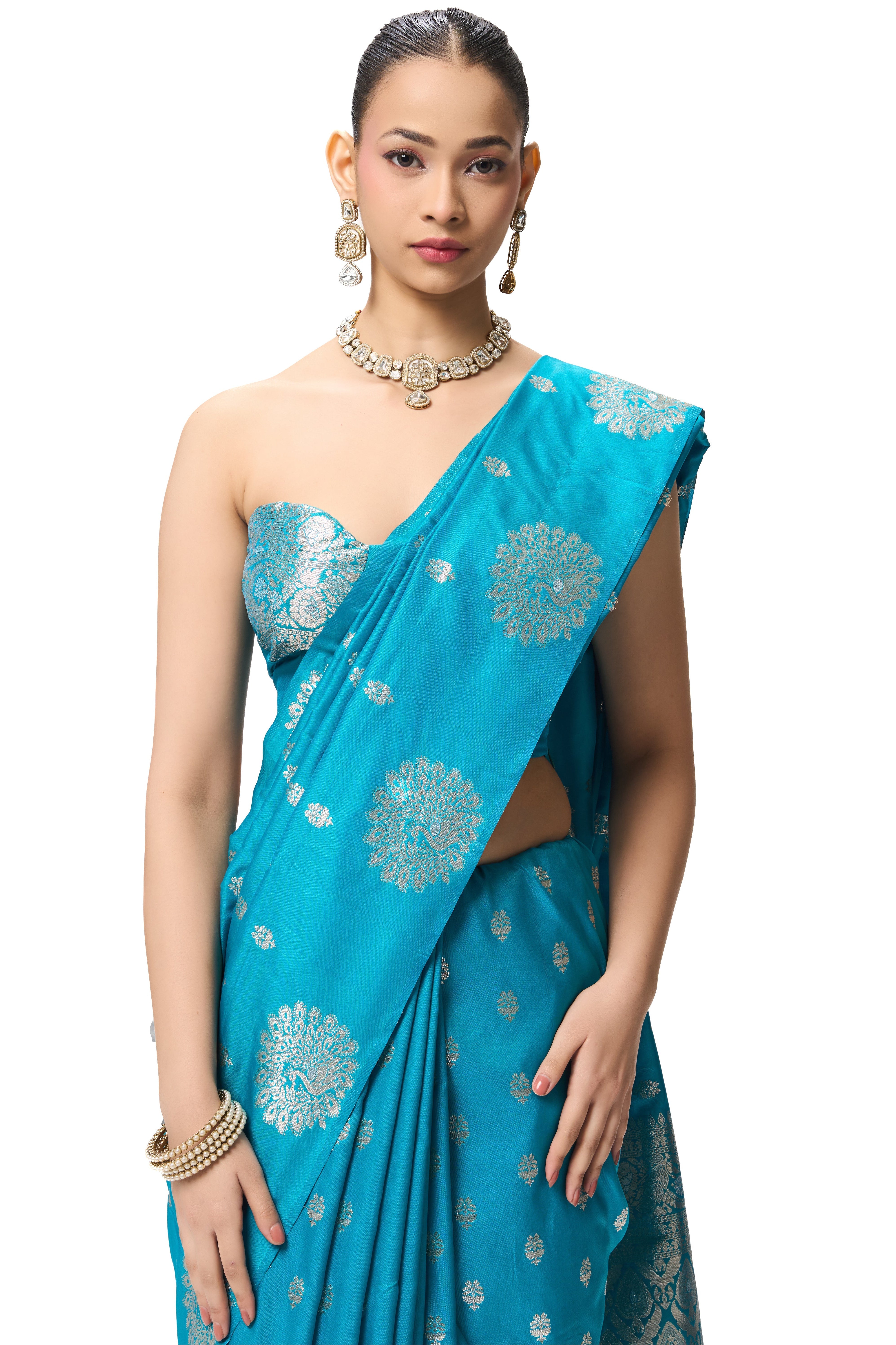 Dhiyona ST Turqoise Blue Banarasi Saree with Blouse Fabric
