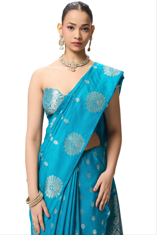 Dhiyona ST Turqoise Blue Banarasi Saree with Blouse Fabric