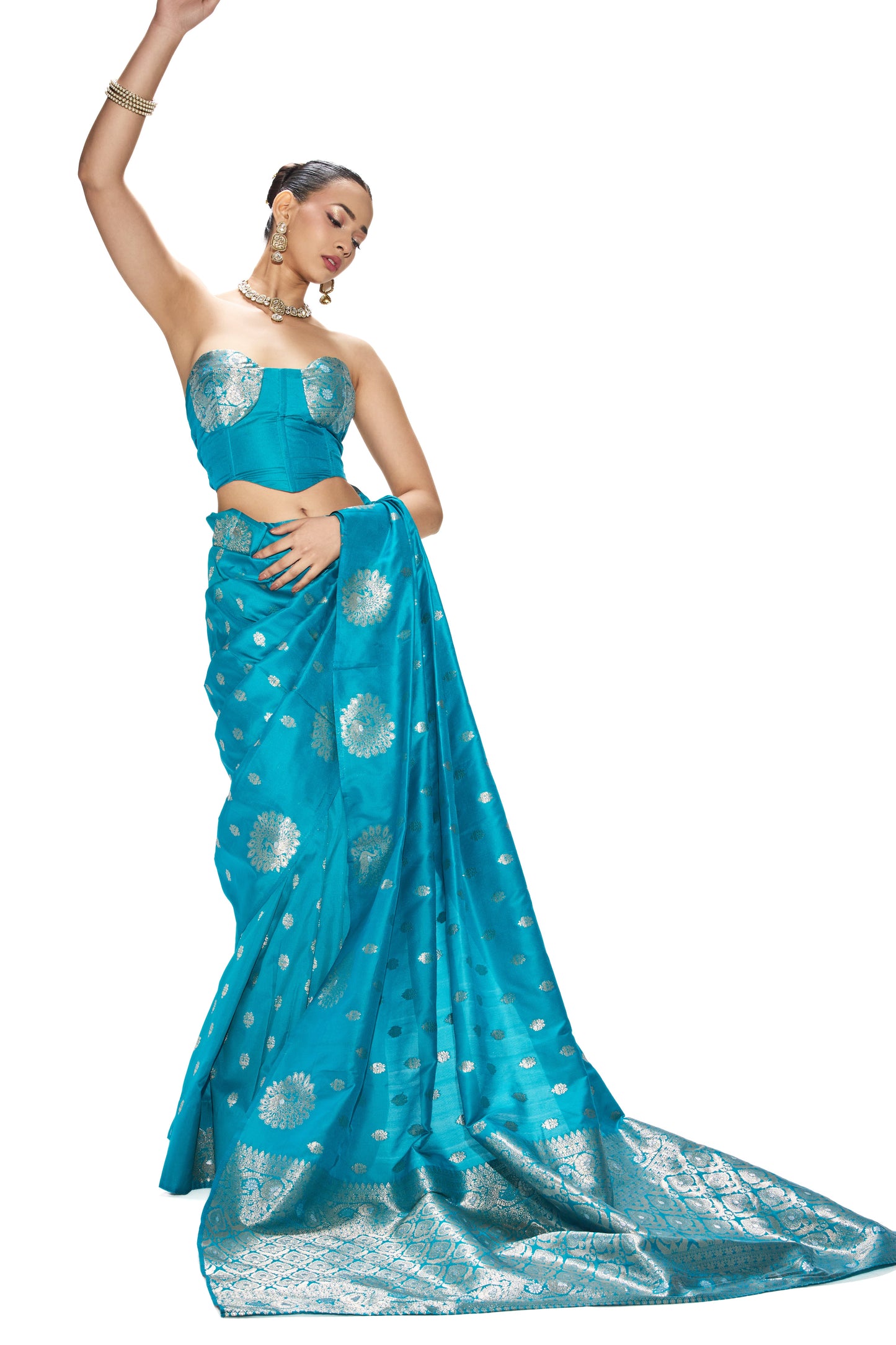 Dhiyona ST Turqoise Blue Banarasi Saree with Blouse Fabric